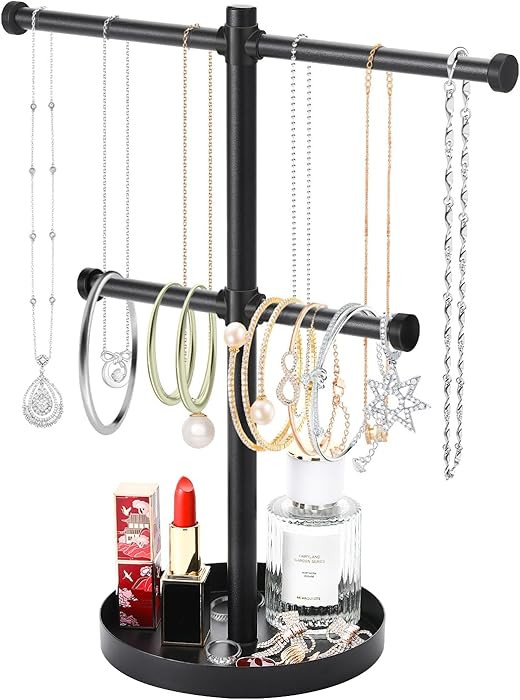Necklace Holder Organizer Stand,2-Tier Sturdy Metal Jewelry Stand with Round Tray for Bracelet Ba... | Amazon (US)