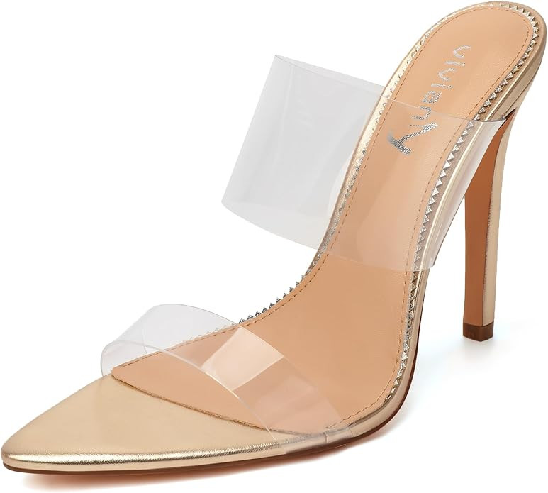 vivianly Clear Pointed Toe Heels Sandals Transparent Strap Stiletto High Heels Slip on Mules for ... | Amazon (US)