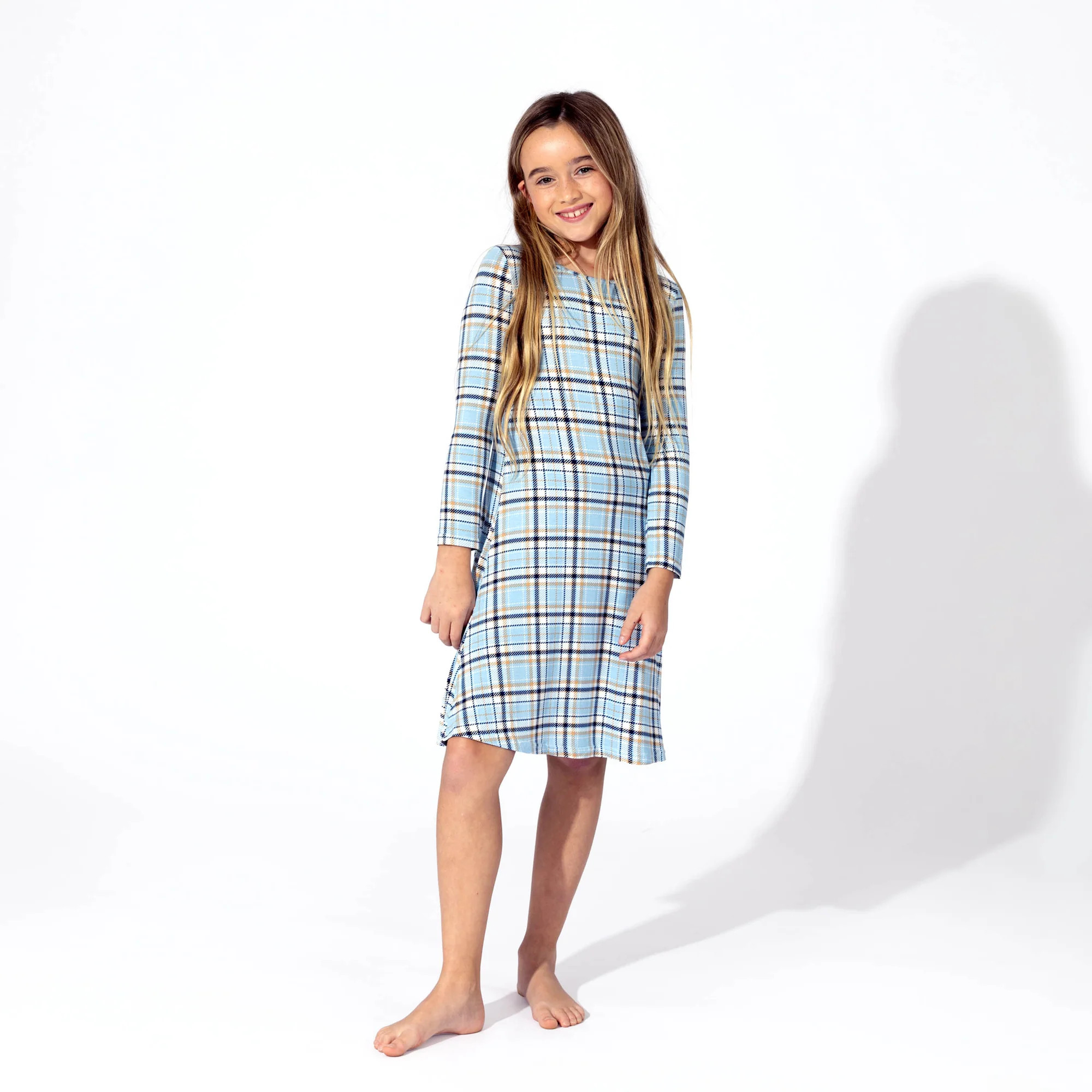 Holiday Plaid Blue Bamboo Girls' Long Sleeve Dress | Bellabu Bear