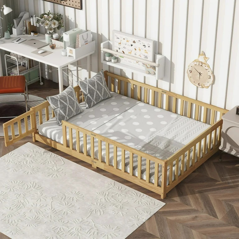 Bellemave Full Size Floor Beds with Door, Wood Montessori Bed with Fence Railings & Support Slats... | Walmart (US)