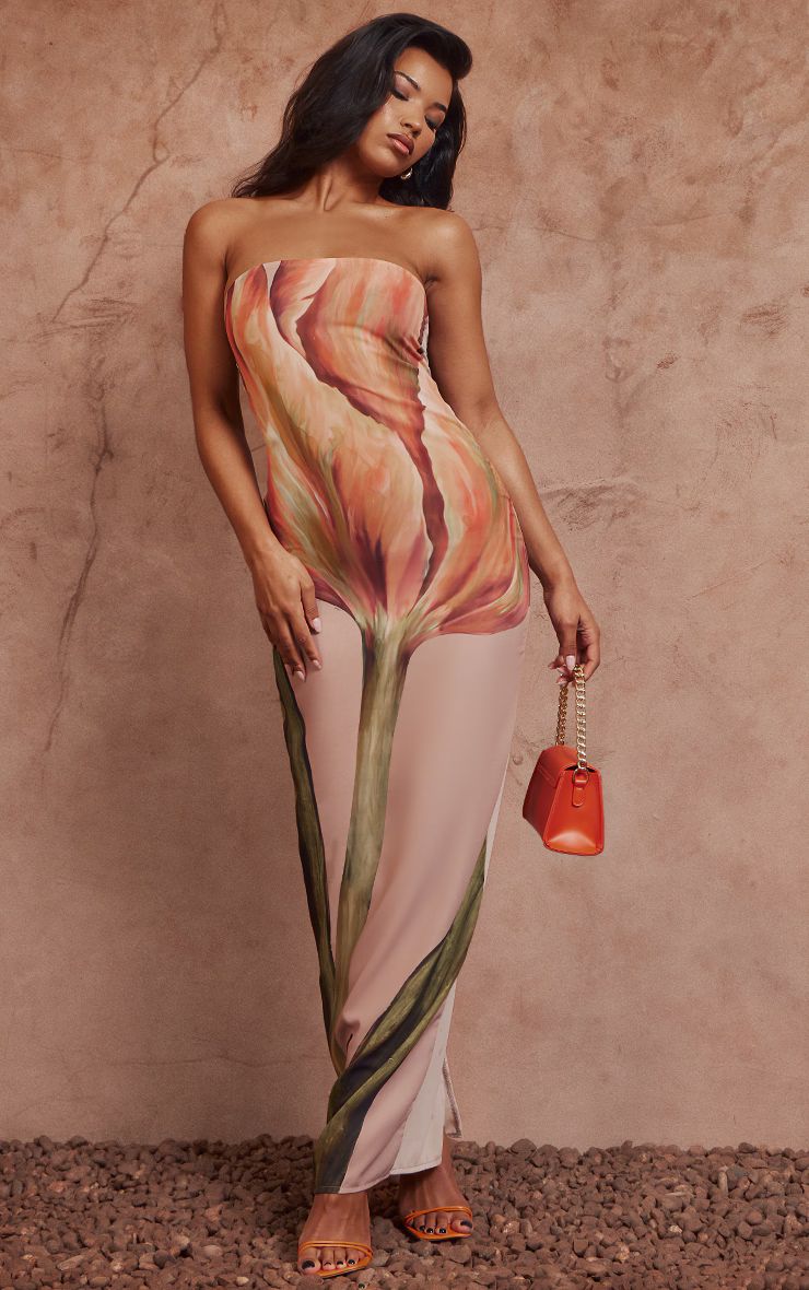 Stone Oversized Chiffon Floral Print Bandeau Maxi Dress | PrettyLittleThing UK