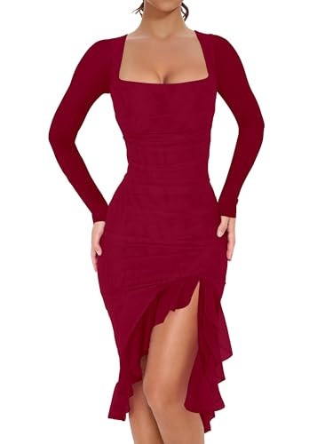BORIFLORS Women's Sexy Ruched Bodycon Midi Dresses Elegant Mesh Long Sleeve Square Neck Ruffle Hem Cocktail Party Dress, X-Small, WineRed | Amazon (US)