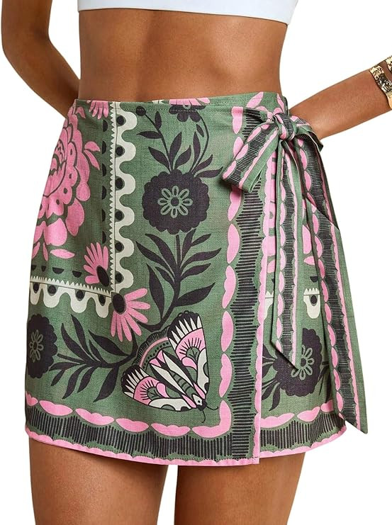 Amazon.com: Csvinkiko Womens Wrap Mini Skirt Summer Boho Floral Tropical Print Skirts Casual High... | Amazon (US)