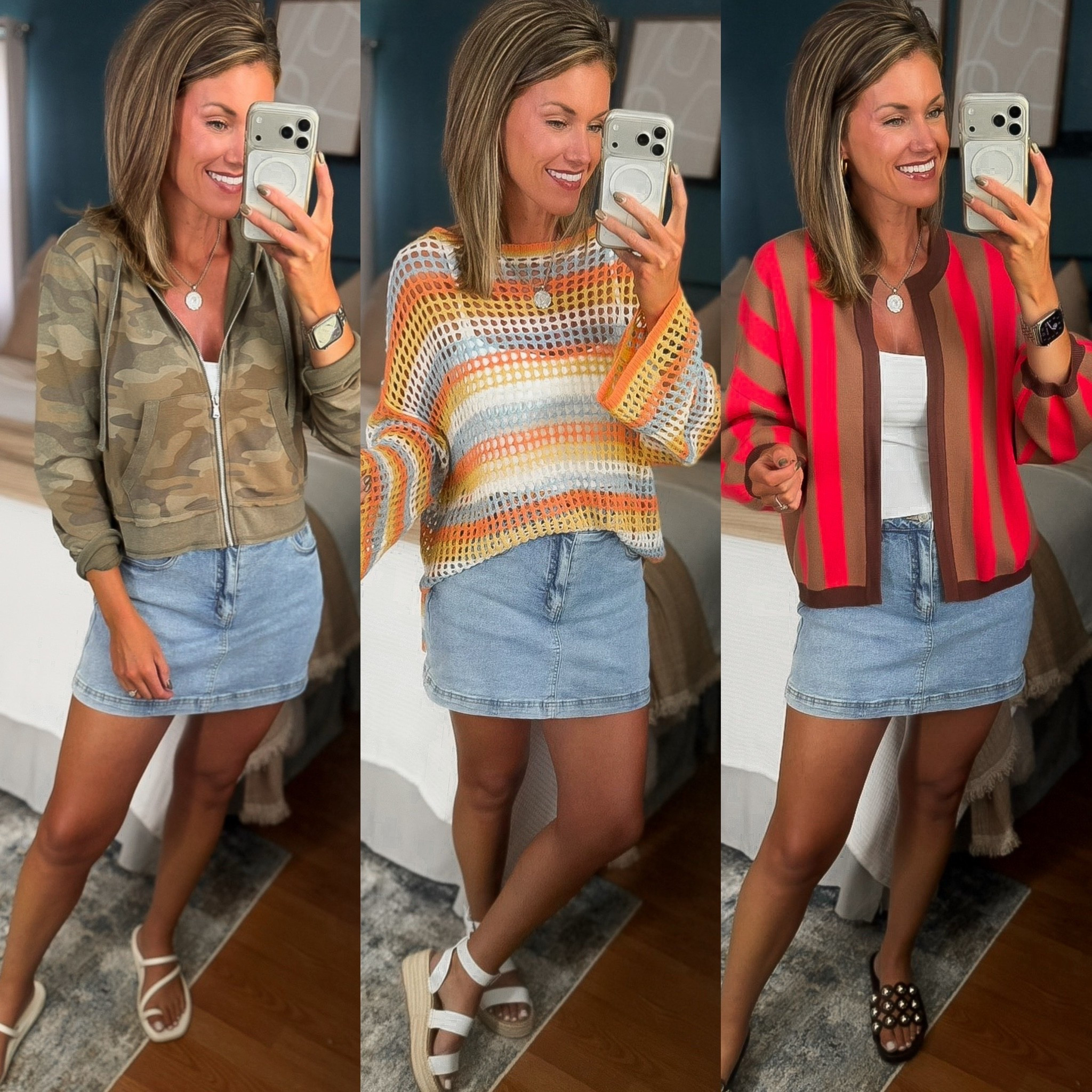 One simple base (tank + skort) styled 3 ways. 
Camo jacket/ large
Skort / medium
Tank/ medium
Crochet top/ medium (could do small) 
Cardigan/ small

#LTKOver40 #LTKSeasonal #LTKootd