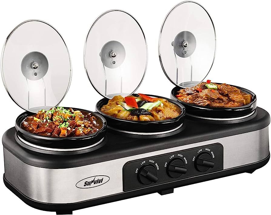 Sunvivi Triple Slow Cooker Buffet Server 3 Pot Food Warmer, 3-Section 1.5-Quart Oval Slow Cooker ... | Amazon (US)