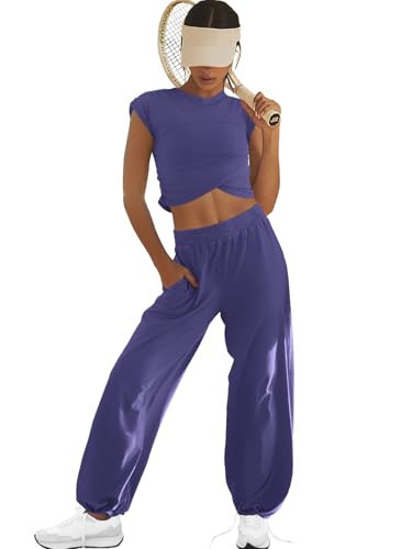 LAMISSCHE Womens Loungewear Set 2 Piece Outfits Sets Cropped Tops and Wide Leg Pants with Pockets Tracksuit(Dark Purple,XL) | Amazon (US)