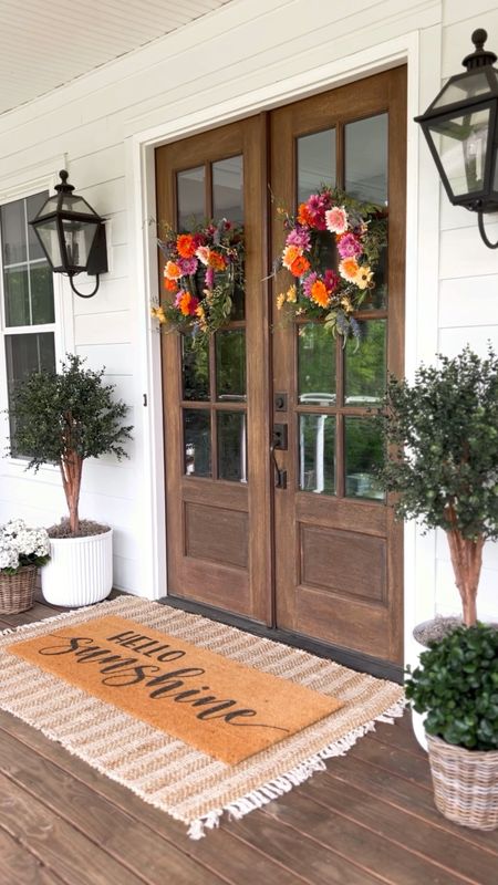 Back in stock! Front porch and front door decor large white fluted planter trending viral home decor pottery barn dupe look a like look for less artificial faux plants trees flowers florals greenery faux geraniums hydrangeas doormat and jute scatter rug layered double modern farmhouse southern porch eucalyptus tree African sunflower wreath lantern, outdoor light fixtures, wall sconces lighting jute rug is 4x6  and doormat is 2x5

#LTKstyletip #LTKhome #LTKSeasonal