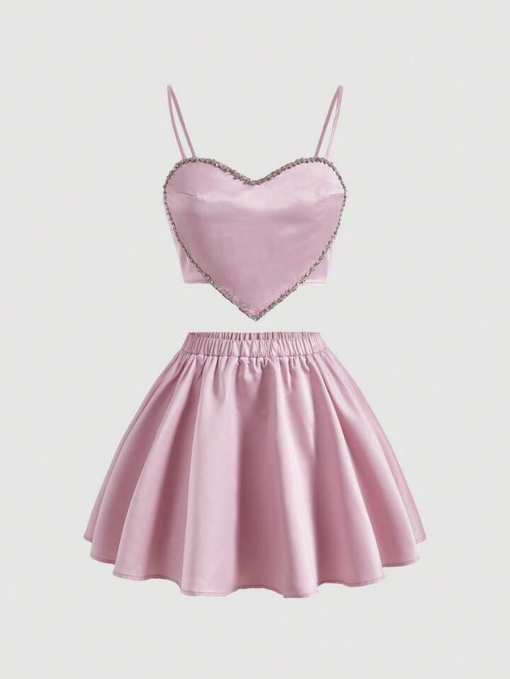 SHEIN MOD Coração Strass Bainha De Bandana Top Cami & Saia Flare | SHEIN