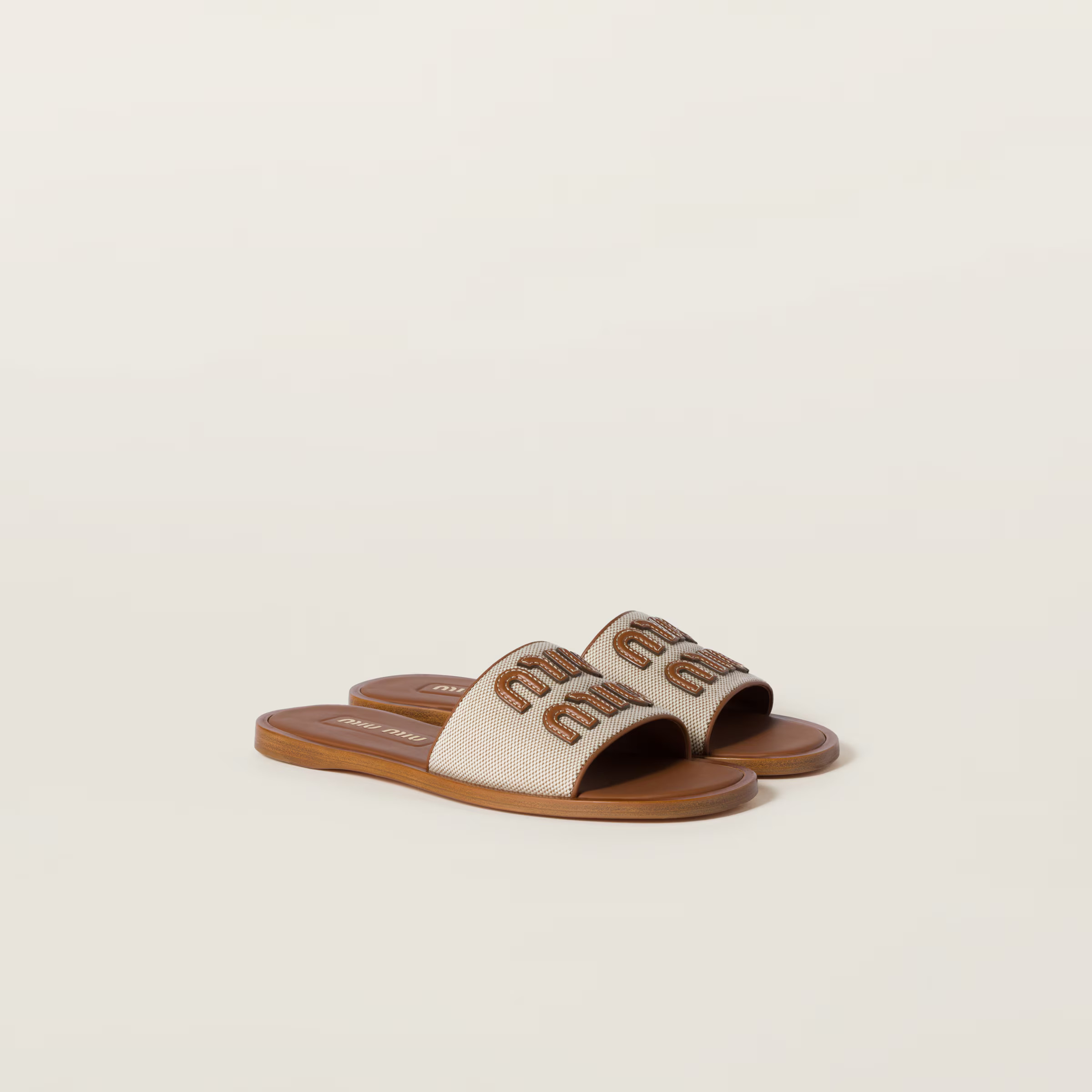 Beige/brandy Canvas And Leather Slides | Miu Miu | Miu Miu US