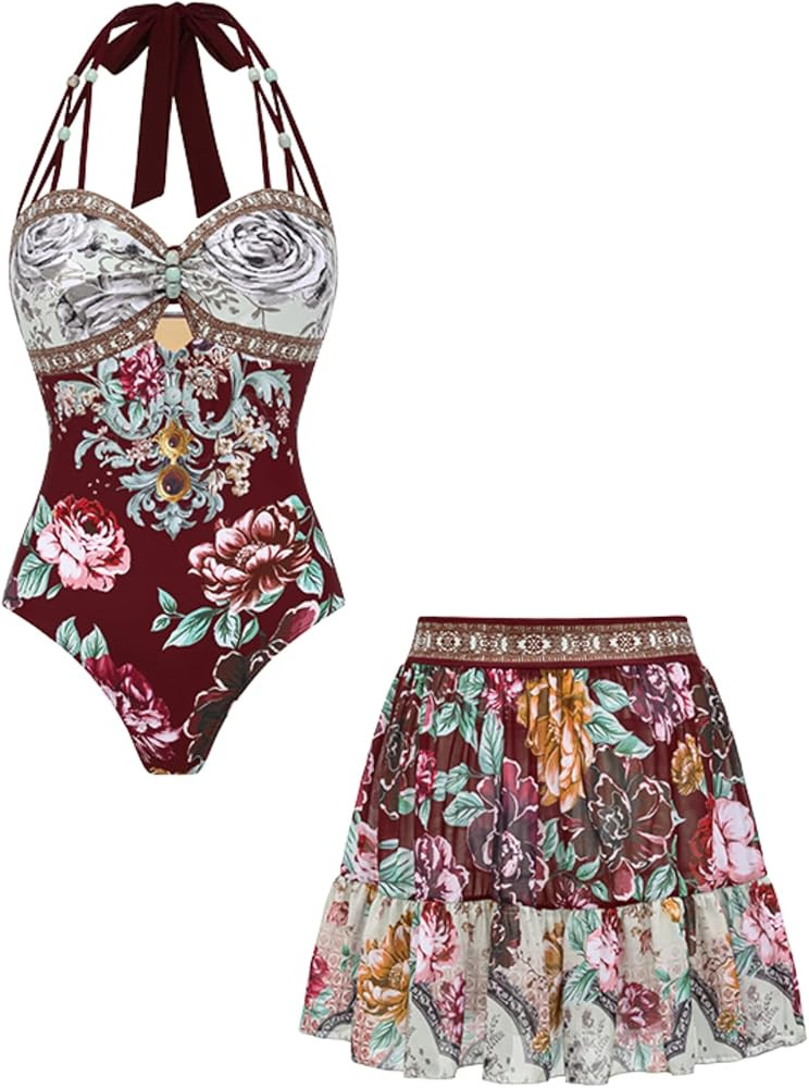 FLAXMAKER Women's Peony Print Halter Neck Swimsuit with Tie-Side and Skirt/Shorts | Amazon (US)