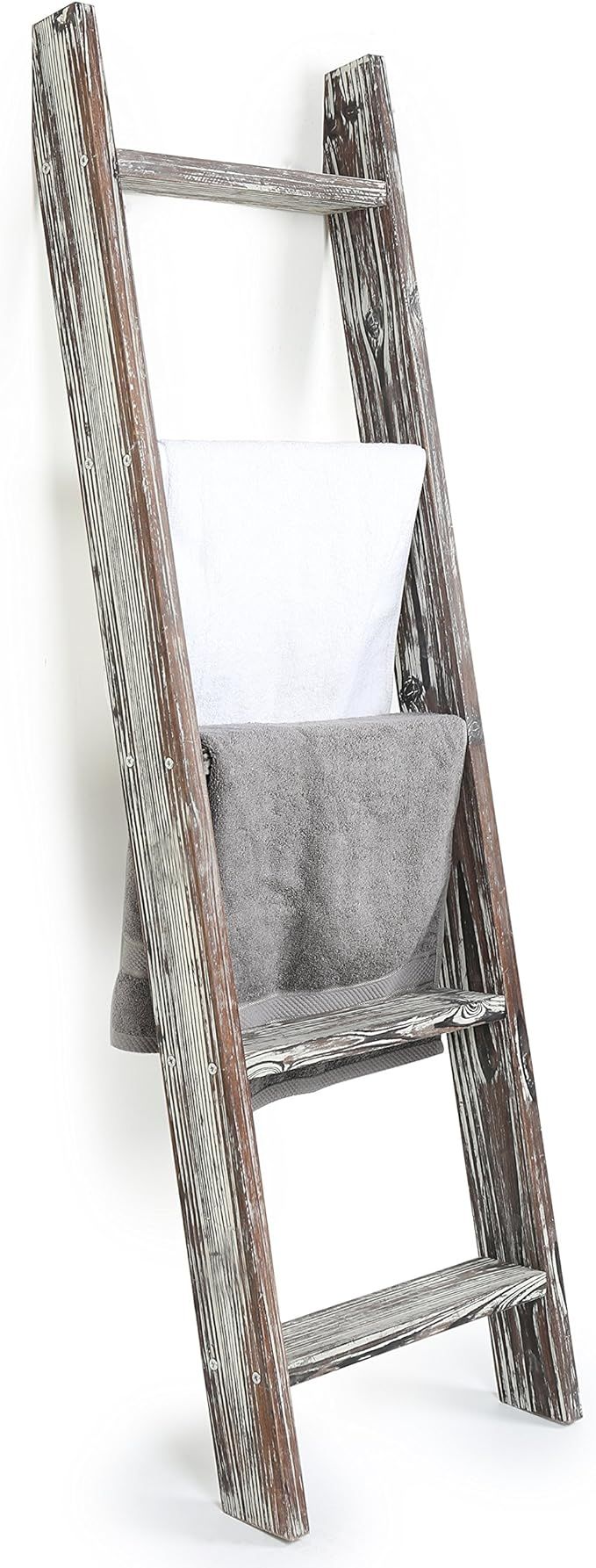 MyGift 4.5-Foot Wall-Leaning Ladder-Style Torched Wood Blanket Rack | Amazon (US)