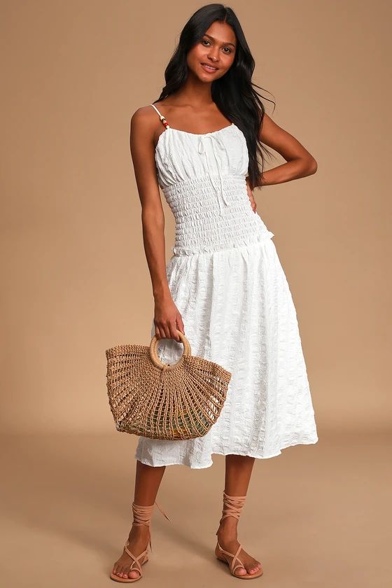 Sarait White Beaded Smocked Midi Dress | Lulus (US)
