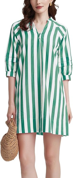 Womens Striped Mini Dress V Neck Casual Summer 3/4 Lantern Sleeves Loose Beach Tunic Shift Dresse... | Amazon (US)
