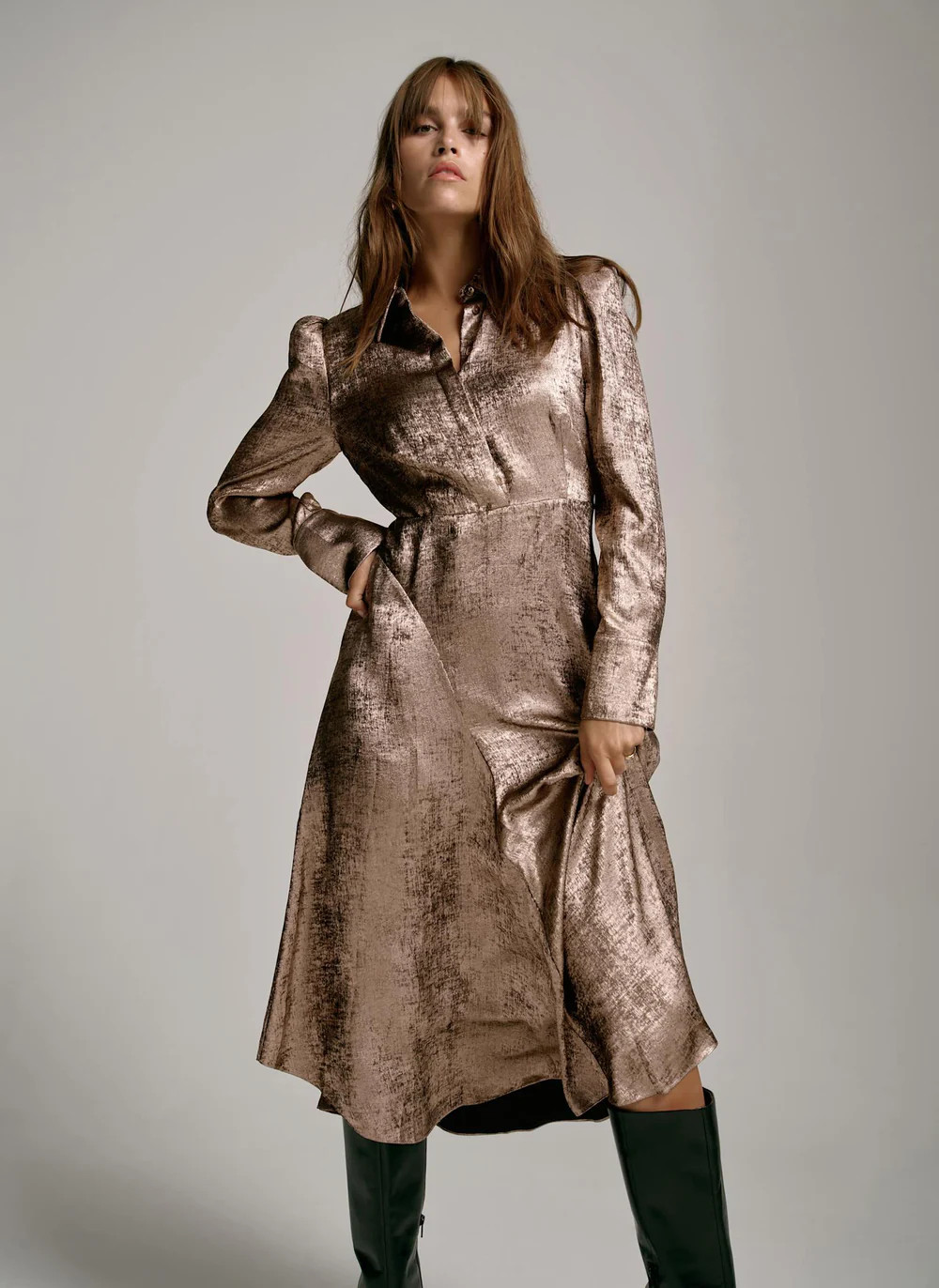 Gold Metallic Midi Shirt Dress | Mint Velvet