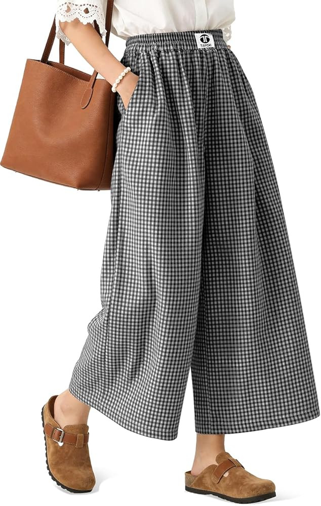 TARSE Womens Gingham Wide Leg Linen Capri Pants Casual Loose Plaid Culottes Elastic Waist Palazzo... | Amazon (US)