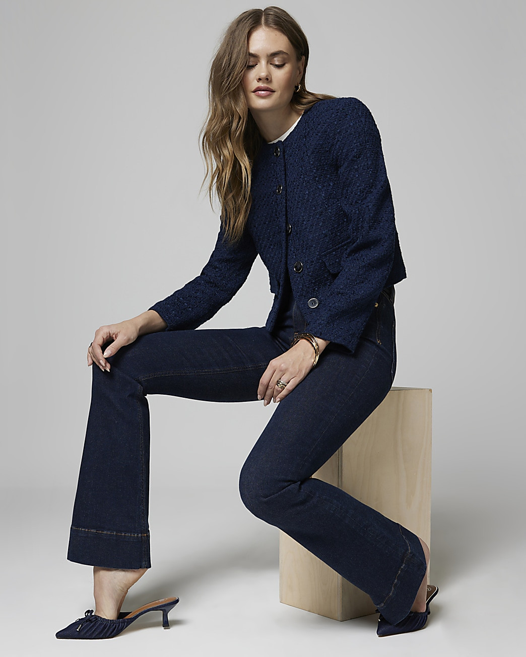 Blue high waisted tummy hold flared jeans | River Island (UK & IE)