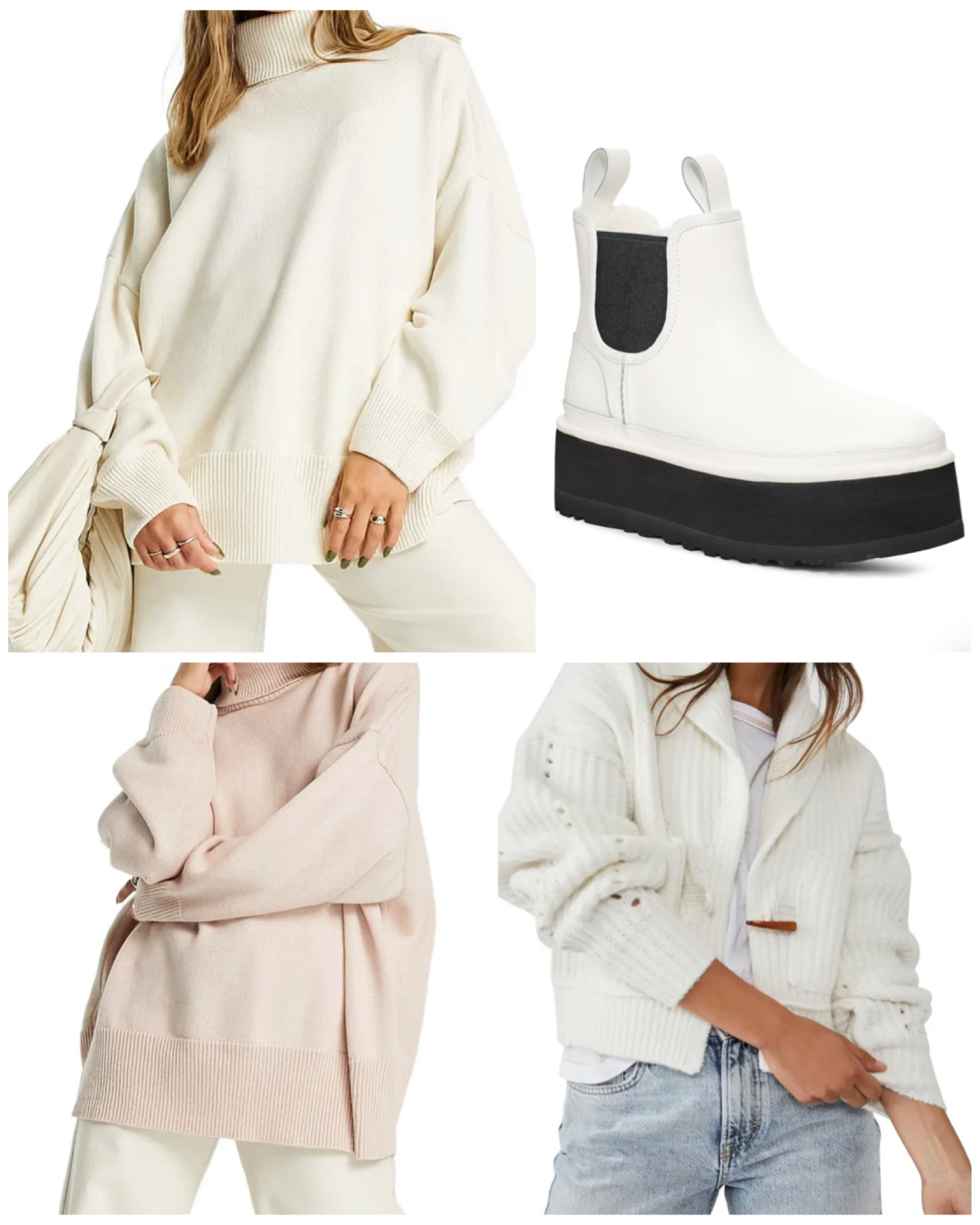 These Oversize Turtleneck Sweaters in neutral colors from 
TOPSHOP are a must have for the winter wardrobe! Available in Regular & Petite

chunky chelsea boot set atop a dramatically tall platform sole. The lining features genuine shearling and a moisture-wicking textile made from a wool-rich blend but crafted to feel and wear like genuine shearling provides warmth and comfort wherever you go.

2" platform (size 9)
5 1/2" shaft
Leather and textile upper/genuine shearling and UGGplush wool-blend lining/synthetic sole

Jackson Shawl Collar Cardigan
FREE PEOPLE

#LTKstyletip #LTKSeasonal #LTKsalealert
