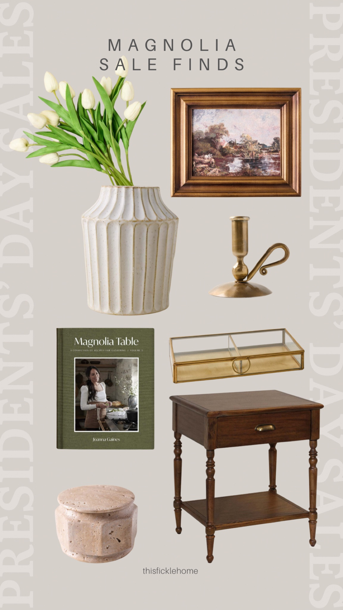 Presidents’ Day sale

Faux tulips. Magnolia table book. Brass taper candle holder. Brass and glass keepsake box. Gold framed art. White ribbed vase. Travertine canister. Mahogany wood nightstand.

#LTKsalealert #LTKhome