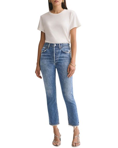 AGOLDE Riley High-Rise Straight Crop Jeans w/ Shredded Hem | Neiman Marcus