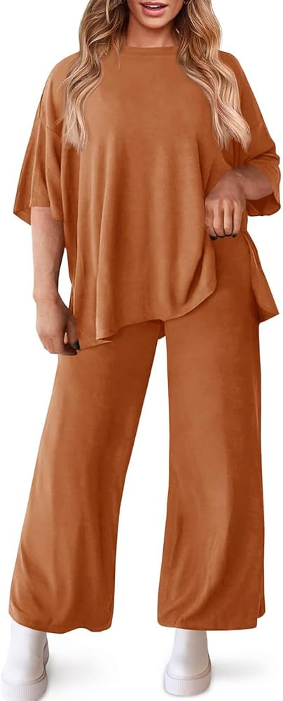 Beautife Womens Plus Size Lounge Sets Short Sleeve Tops Wide Leg Pants 2 Piece Outfits Tracksuit ... | Amazon (US)