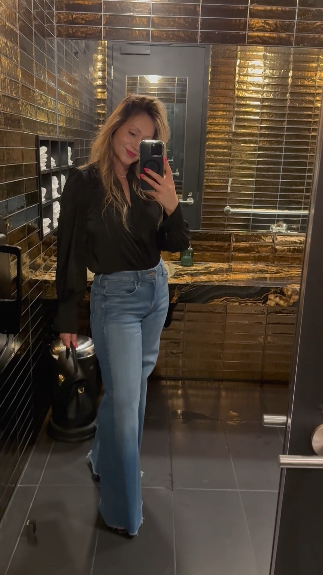 Elevated casual outfit. What I wore for date night. Super comfortable, but chic. These are the softest most comfortable jeans. 
Medium wash, wide leg jeans: wearing size 30 (10) | Black blouse: wearing (L)

#LTKOver40 #LTKWorkwear #LTKMidsize