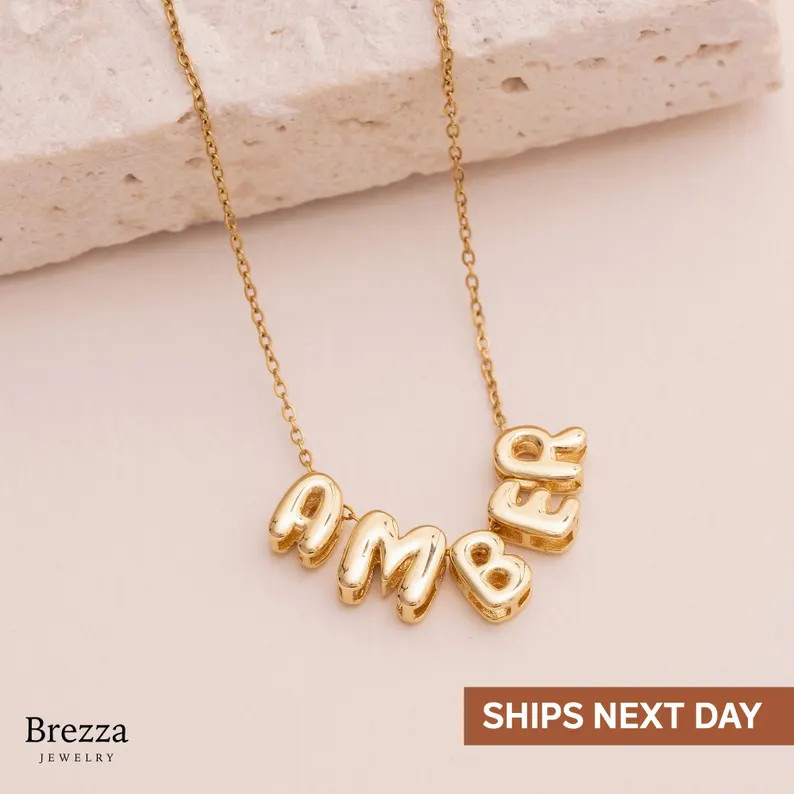 Custom Bubble Letter Necklace, 14k Gold Initial Necklace, Minimalist Personalized 3D Balloon Lett... | Etsy (US)