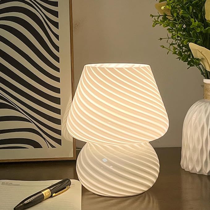 jonong Bedside Lamp Glass Striped Mushroom Table Lamp 110V Creative Gift Night Light (White) | Amazon (US)