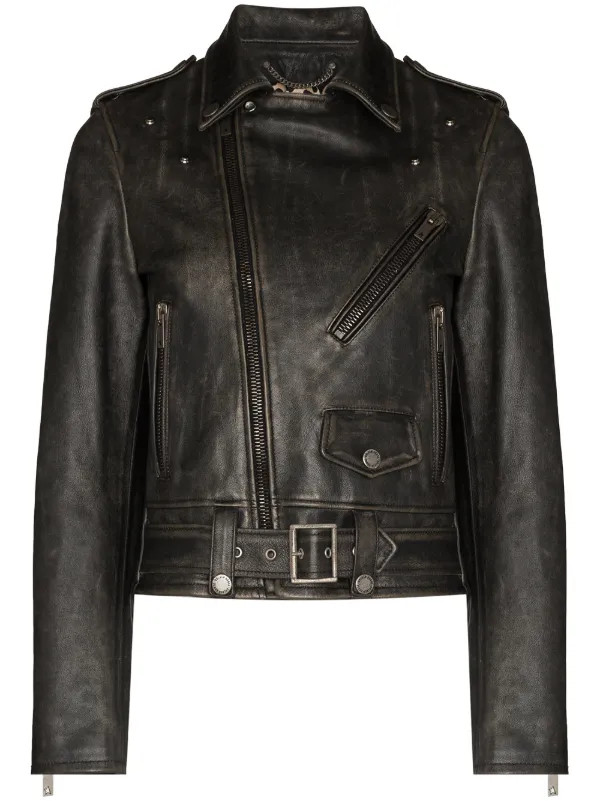 distressed-effect leather biker jacket | Farfetch Global