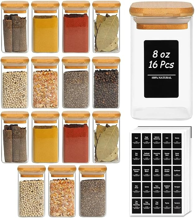 ComSaf Spice Jars with Labels 8 oz 16Pack, Small Spice Containers Starter Set, Glass Seasoning Ja... | Amazon (US)
