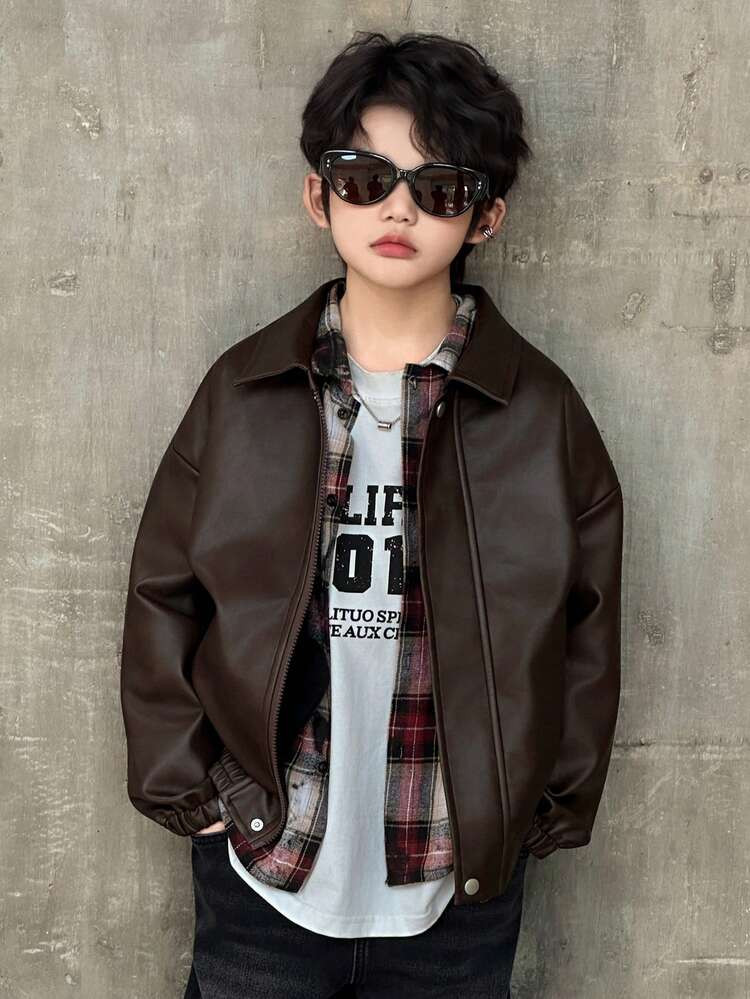 DAZY Tween Boy Solid Color Drop Shoulder Long Sleeve Zip-Up Loose PU Leather Jacket, Autumn | SHEIN