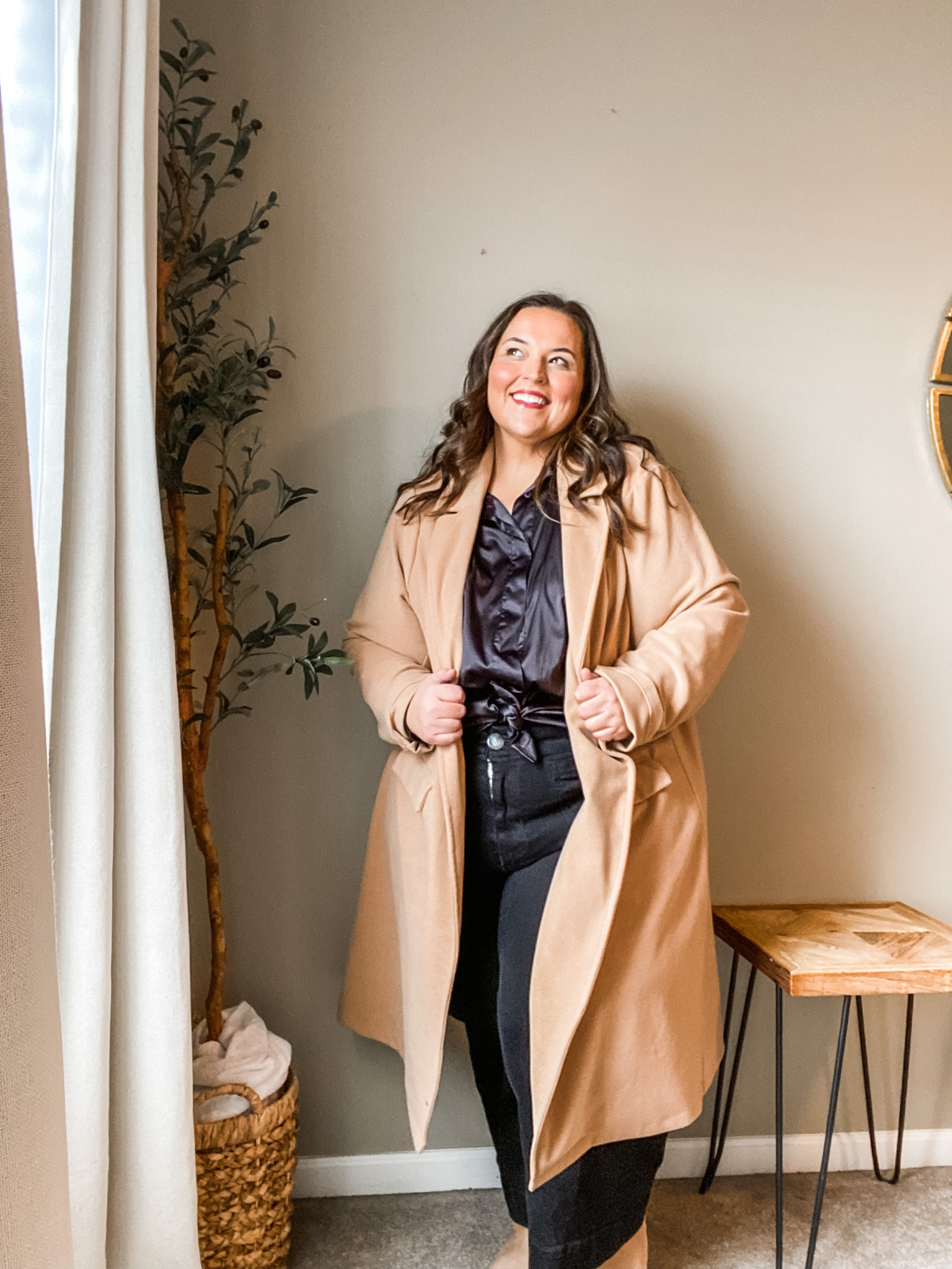 Several of my absolute favorite plus size wardrobe essentials combined for a date night outfit! 

This satin shirt is currently 60% off and such a great way to elevate a look. This exact coat is several years old and no longer available but the same brand has an updated version with a removable faux fur collar! And the jeans… a bit of a splurge but my absolute best clothing purchase of the year! I wear these cropped wide leg black jeans from Anthro multiple times per week. I LOVE them and am slowly but surely replacing my jeans and pants with this style. 

Pairing it all with cute bow ballet flats because they’re cute but honestly should have done boots in this cold weather! 

#LTKplussize #LTKsalealert #LTKSeasonal