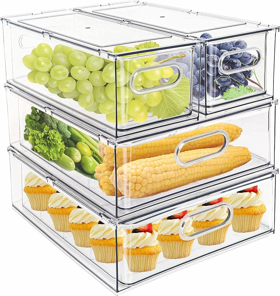 Mano Fridge Drawer Pull Out Stackable Bins with Handle Clear Refrigerator Drawers Organizer Food ... | Amazon (US)