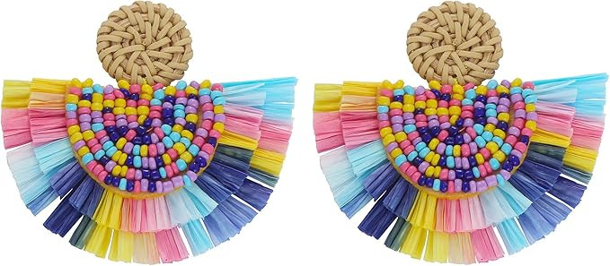 COIRIS Bohemia Beaded Fringe Statement Earrings with Long Dangling Tassel Raffia Earrings for Wom... | Amazon (US)