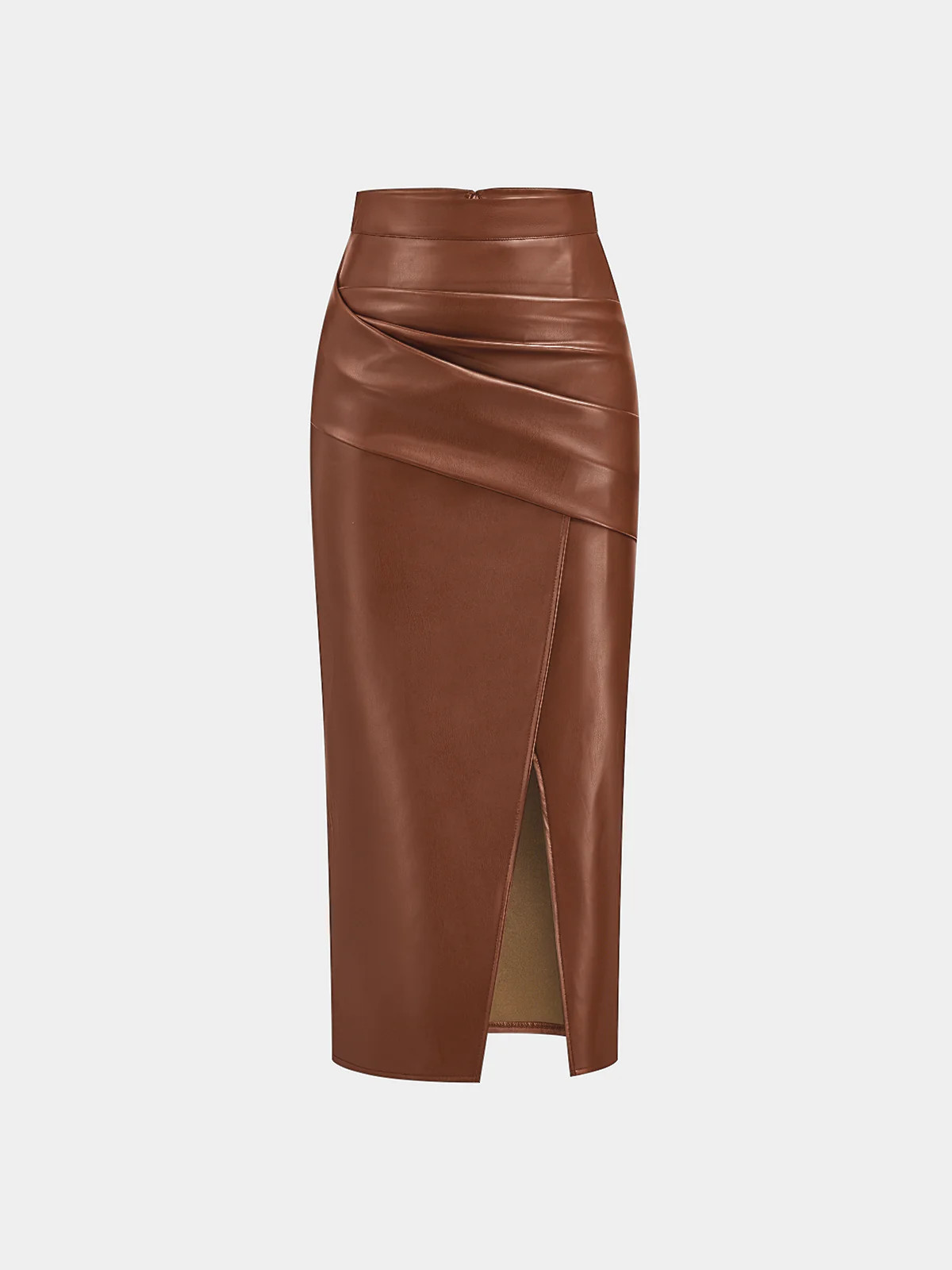 Ruched Slit PU Leather Midi Skirt | Commense