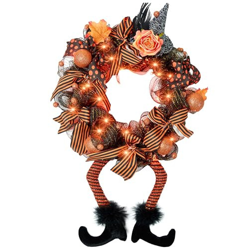 Joiedomi Halloween Decorations Wreaths with 50 LED Lights 28 x 18 in Witch Hat Wreaths with Witch Legs Halloween Hanging Decor Wreath Sign Decorations for Front Door, Porch, Window, Indoor Outdoor | Amazon (US)