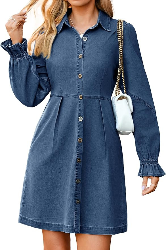 Simplee Womens Denim Dress Long Sleeve 2025 Fall Western Outfit Babydoll Button Down Mini Jean Dr... | Amazon (US)