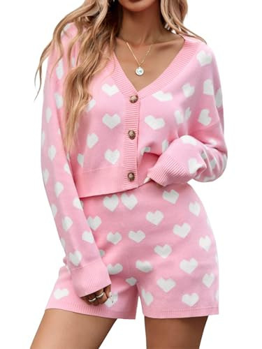 Tankaneo Womens Valentine's Day Sweater Sets Heart Knit Long Sleeve Cropped Cardigan and Shorts 2 Piece Outfits | Amazon (US)