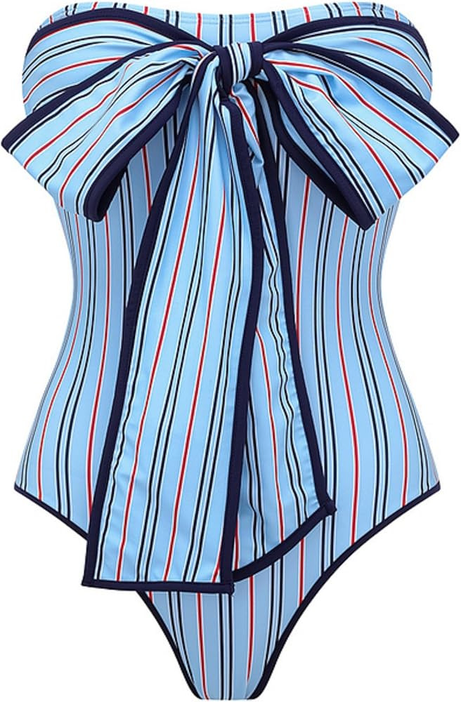 FLAXMAKER Women's One Piece Multi-Way Striped Lace Up Bow Tie One Piece Swimsuit and Skirt | Amazon (US)