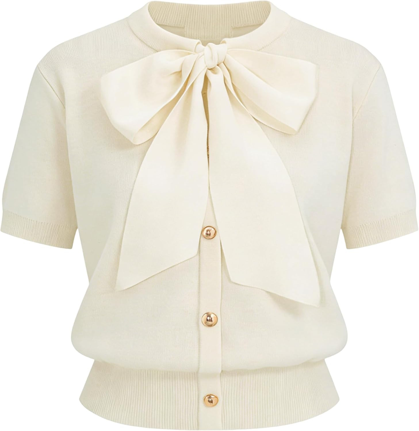Yeokou Women's Satin Bow Short Sleeve Knit Cardigan Metal Button Crew Neck Casual Sweater Top for Office Casual Daily | Amazon (US)