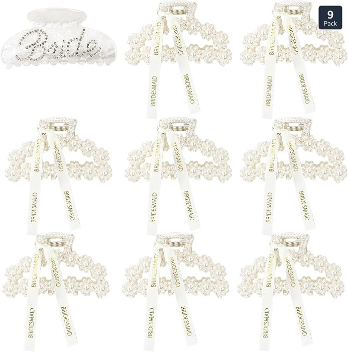 9 Pcs Pearl Bridesmaid Hair Claw Clips With Ribbon and 1Pack Acrylic Bride Claw Hair Clip With Rh... | Amazon (US)