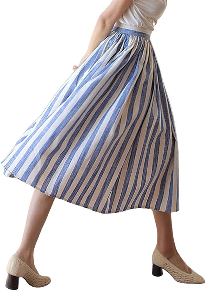 chouyatou Women's Vertical Striped Pleated A Line Skirt Casual Elastic Waist Cotton Linen Swing M... | Amazon (US)