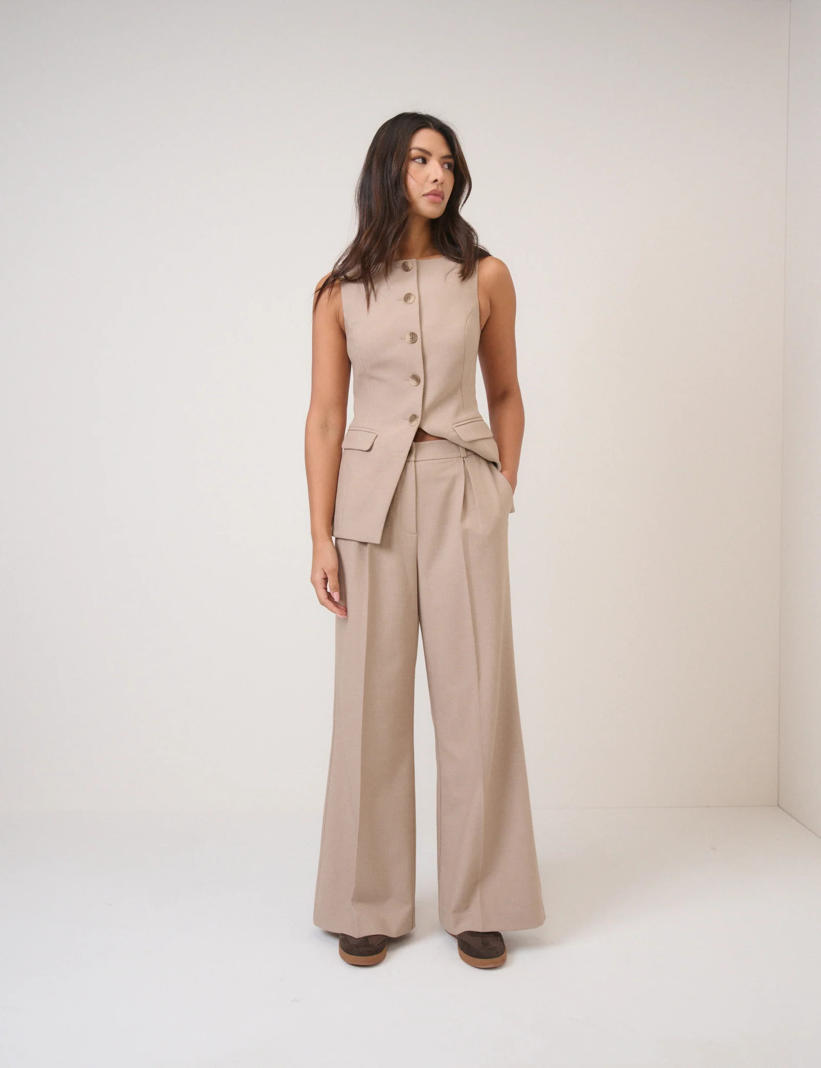 Beige Wide Leg Tailored Trousers | Nobody's Child