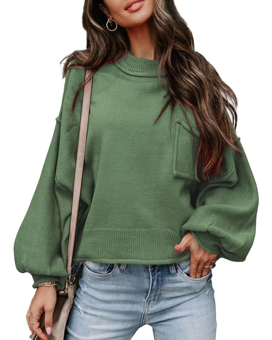 AlvaQ Women's 2023 Lantern Long Sleeve Crewneck Sweater Casual Solid Color Ribbed Hem Knitwear Pu... | Amazon (US)