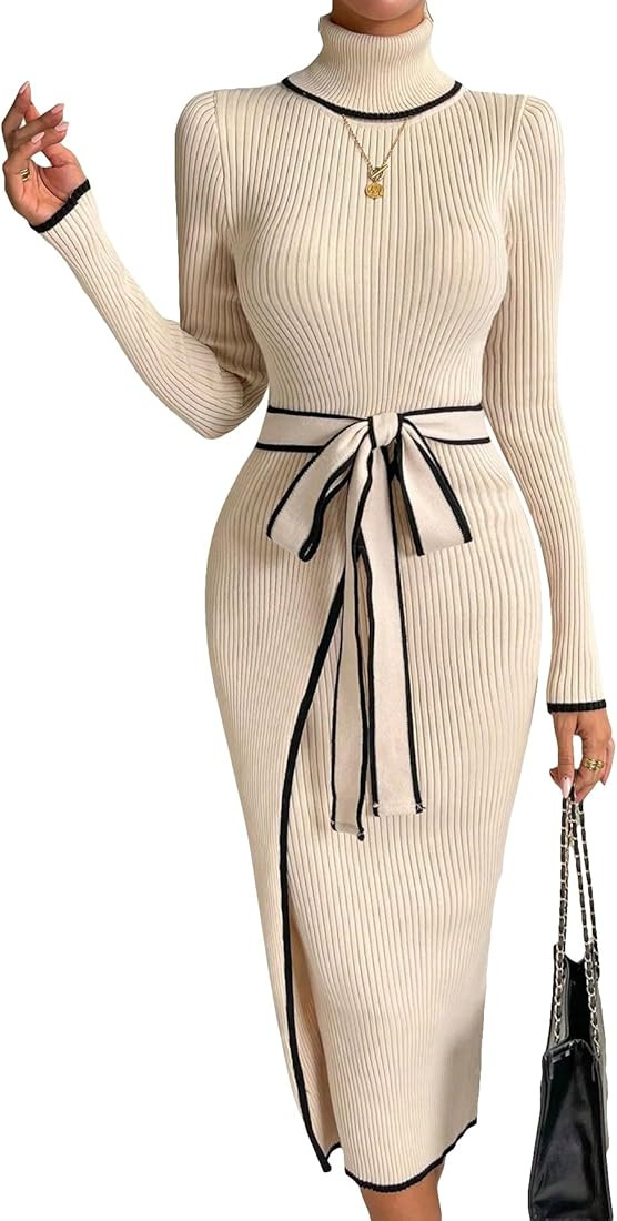 MakeMeChic Women's Elegant Striped Turtleneck Long Sleeve Belted Bodycon Midi Sweater Dress | Amazon (US)