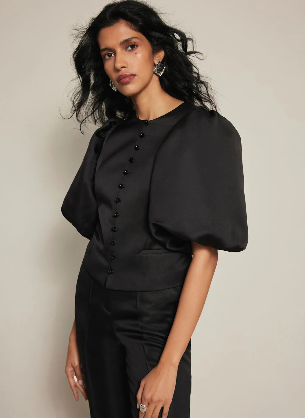 Black Puff Sleeve Satin Jacket | Mint Velvet