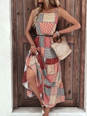 SHEIN VCAY Patchwork Print Cami Dress Without Belt | SHEIN