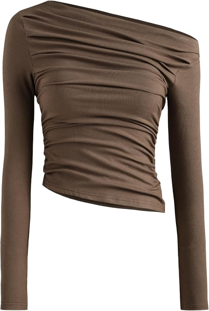 CIDER Women's Asymmetrical Top Off The Shoulder Long Sleeve Shirts Ruched Going Out Crop Tops | Amazon (US)
