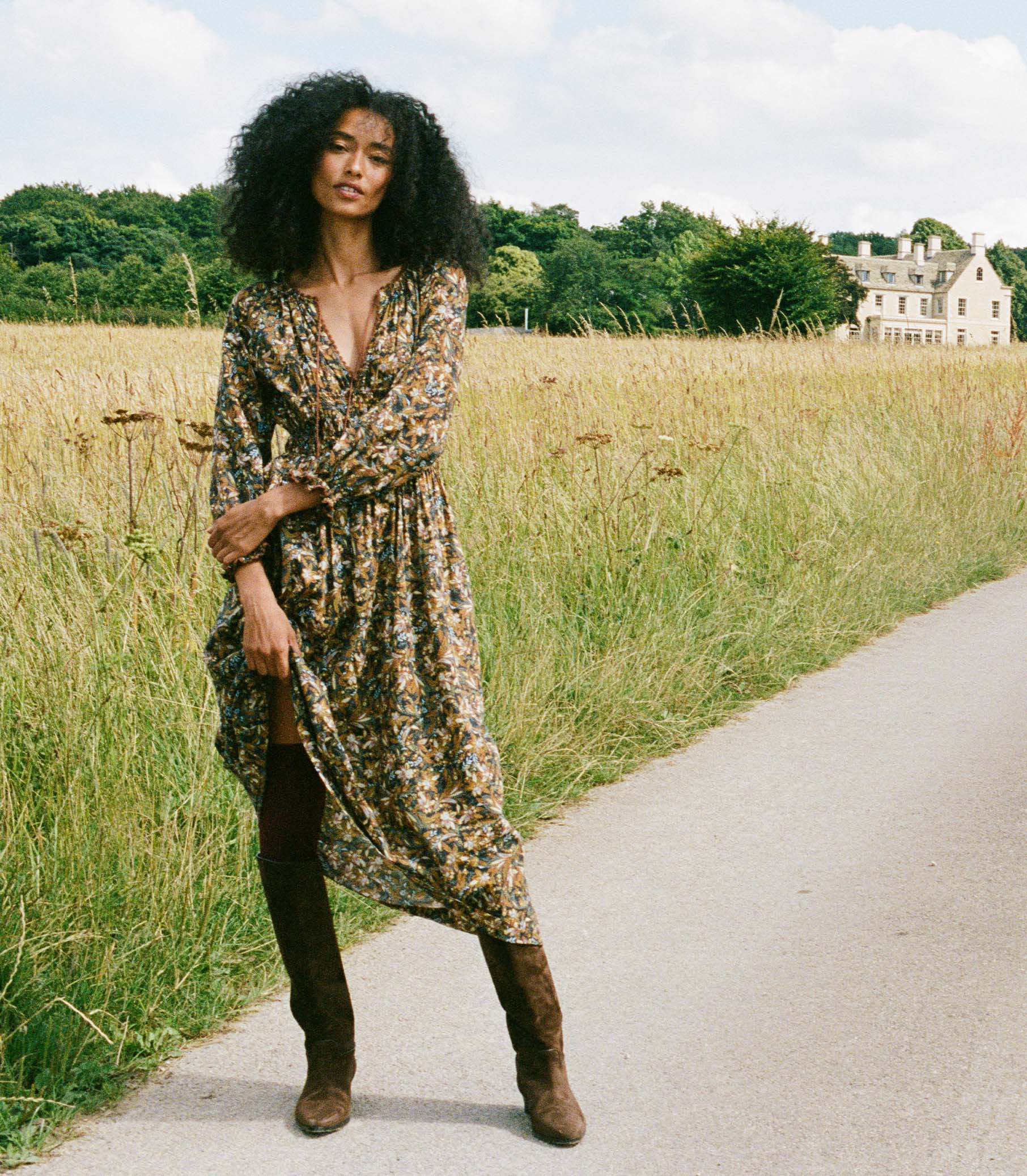 Delfina Dress - Noir Narcissus Floral | DÔEN | DOEN