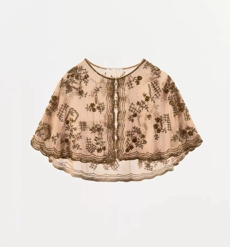 ZARA  Beaded Embroidered Chiffon Cape, XS-S, Peach | eBay US