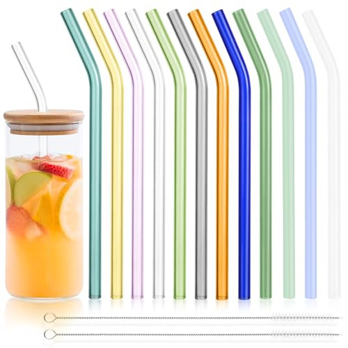 BIEOFFEI 12 Pack Reusable Colored Glass Straws - 9" x 10 MM Bent Glass Drinking Straws with 2 Cleaning Brushes, Thick Straw for Smoothies, Milkshake, Frozen Drinks, Tea, Juice, Iced Coffee | Amazon (US)
